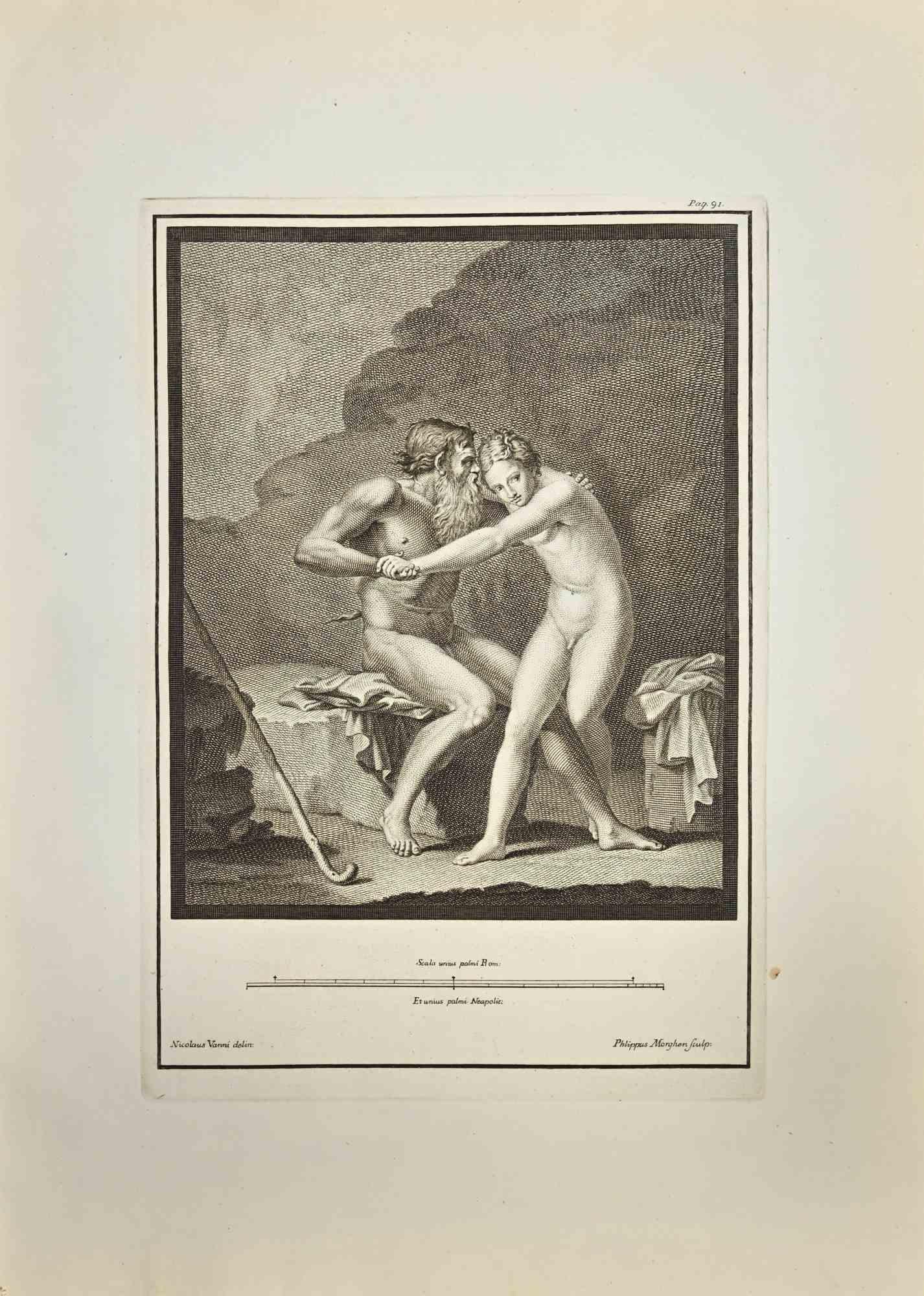 Francesco Lavega Figurative Print – Olympus, Daphnis und Pan – Radierung von Nicola Vanni – 18. Jahrhundert