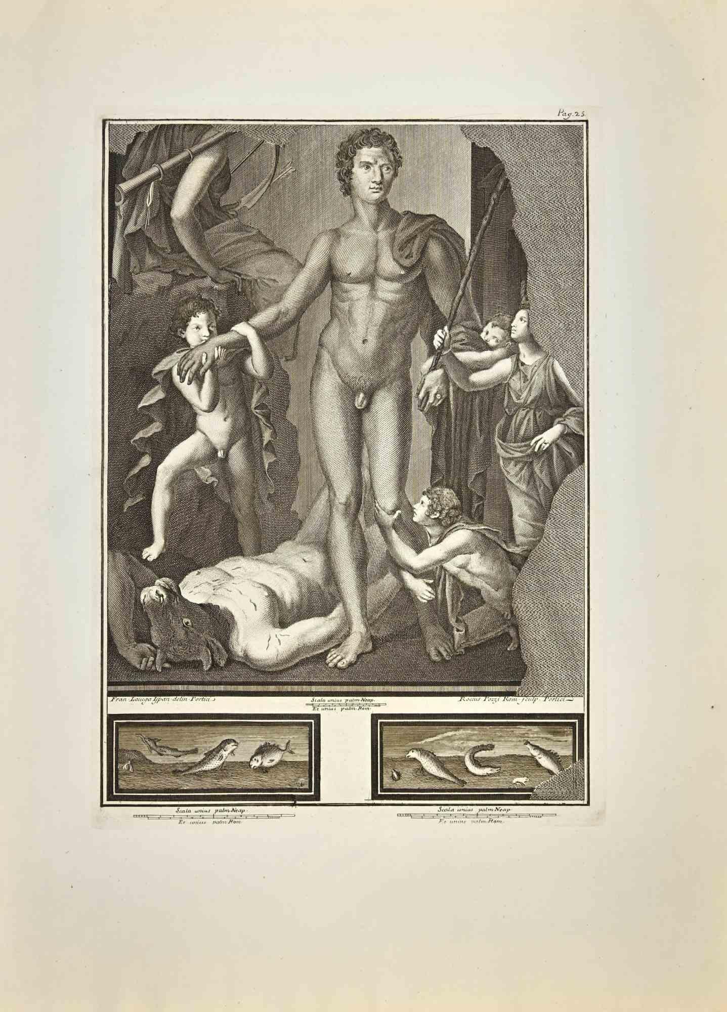 Theseus besiegt den Minotaurus aus den "Altertümern von Herculaneum" ist eine Radierung auf Papier von Francesco Lavega aus dem 18. Jahrhundert.

Signiert auf der Platte.

Guter Zustand mit einigen Faltungen aufgrund der Zeit.

Die Radierung gehört
