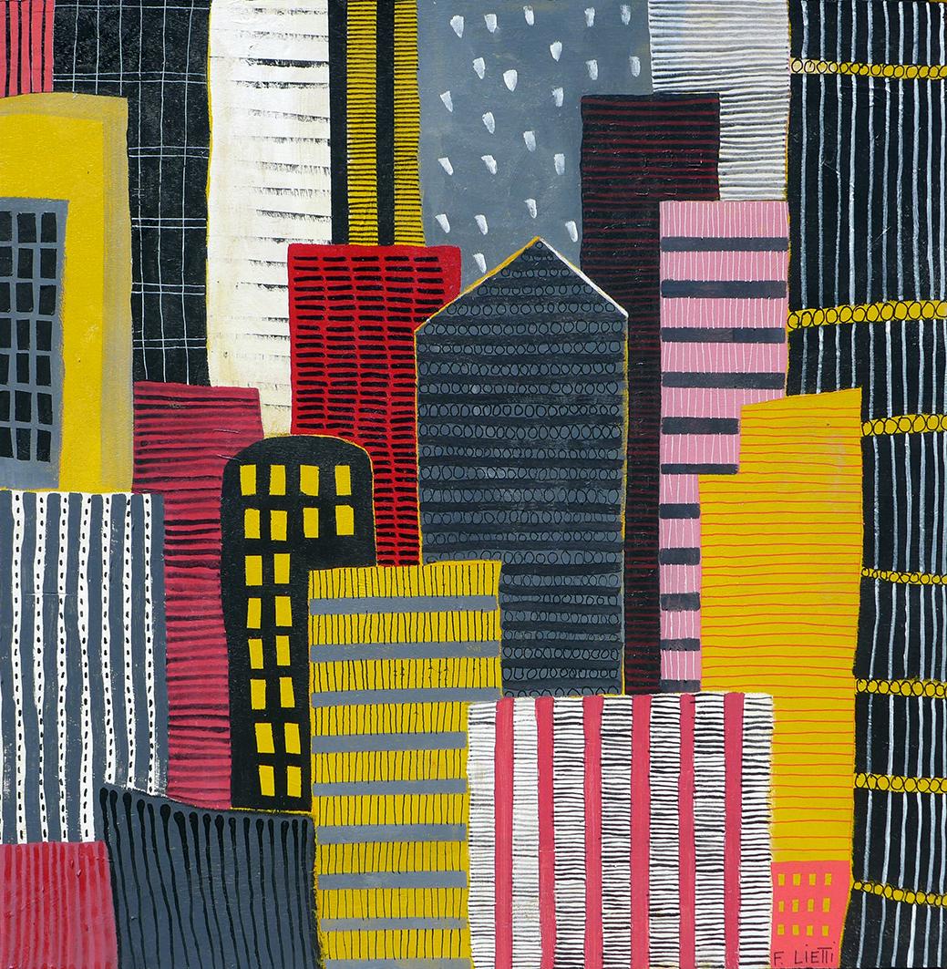 Black white red & Yellow  - city scape painting, figurative painting - Painting by Francesco Lietti