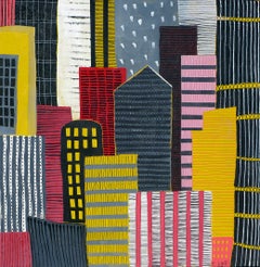 Black white red & Yellow  - city scape painting, figurative painting