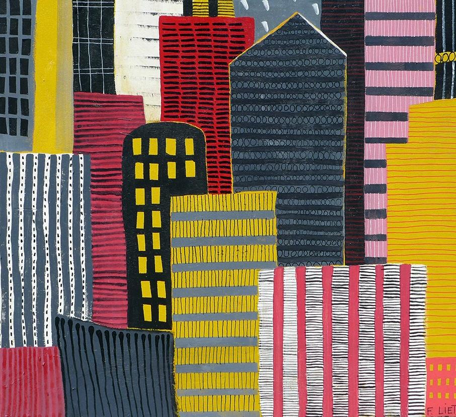 Black white red & Yellow  - city scape painting, figurative painting For Sale 1