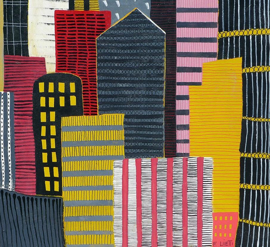 Black white red & Yellow  - city scape painting, figurative painting For Sale 2