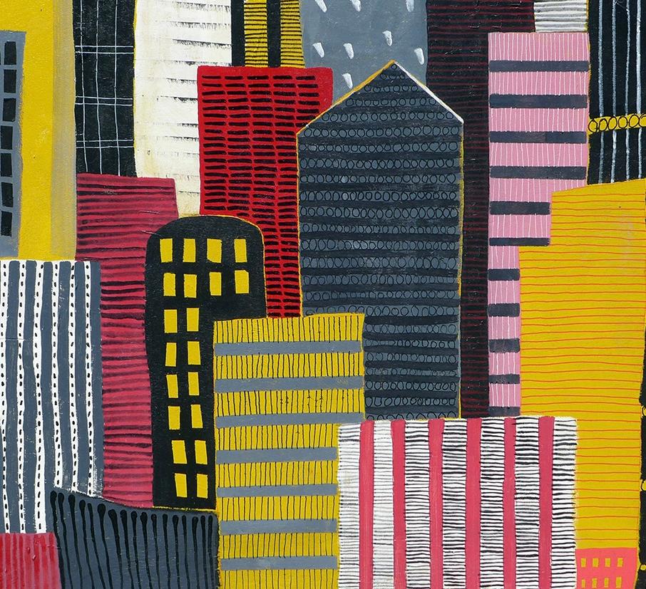 Black white red & Yellow  - city scape painting, figurative painting For Sale 4