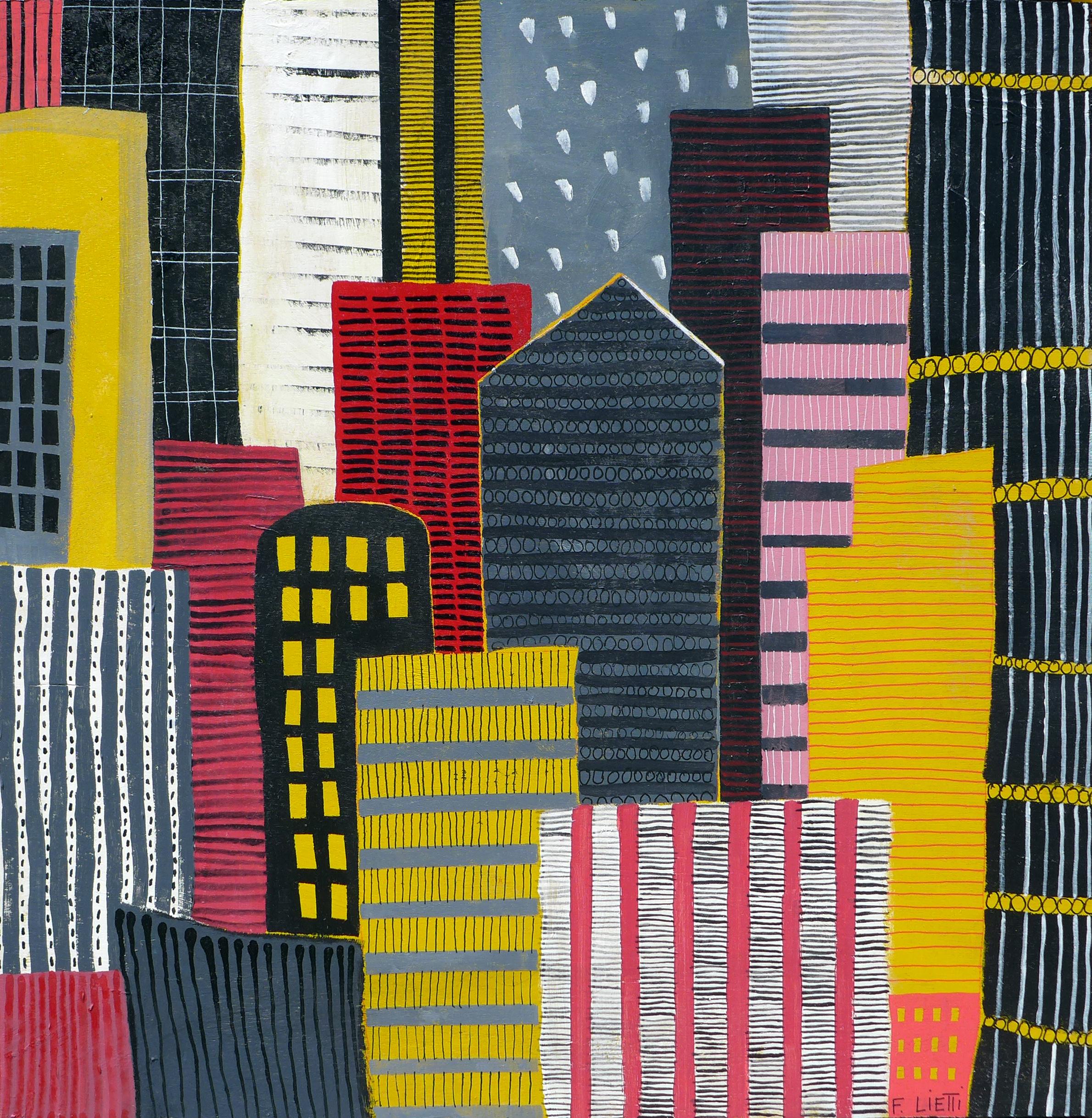 Francesco Lietti Figurative Painting - Black white red & Yellow  - city scape painting, figurative painting