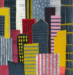 Black white red & Yellow  - city scape painting, figurative painting