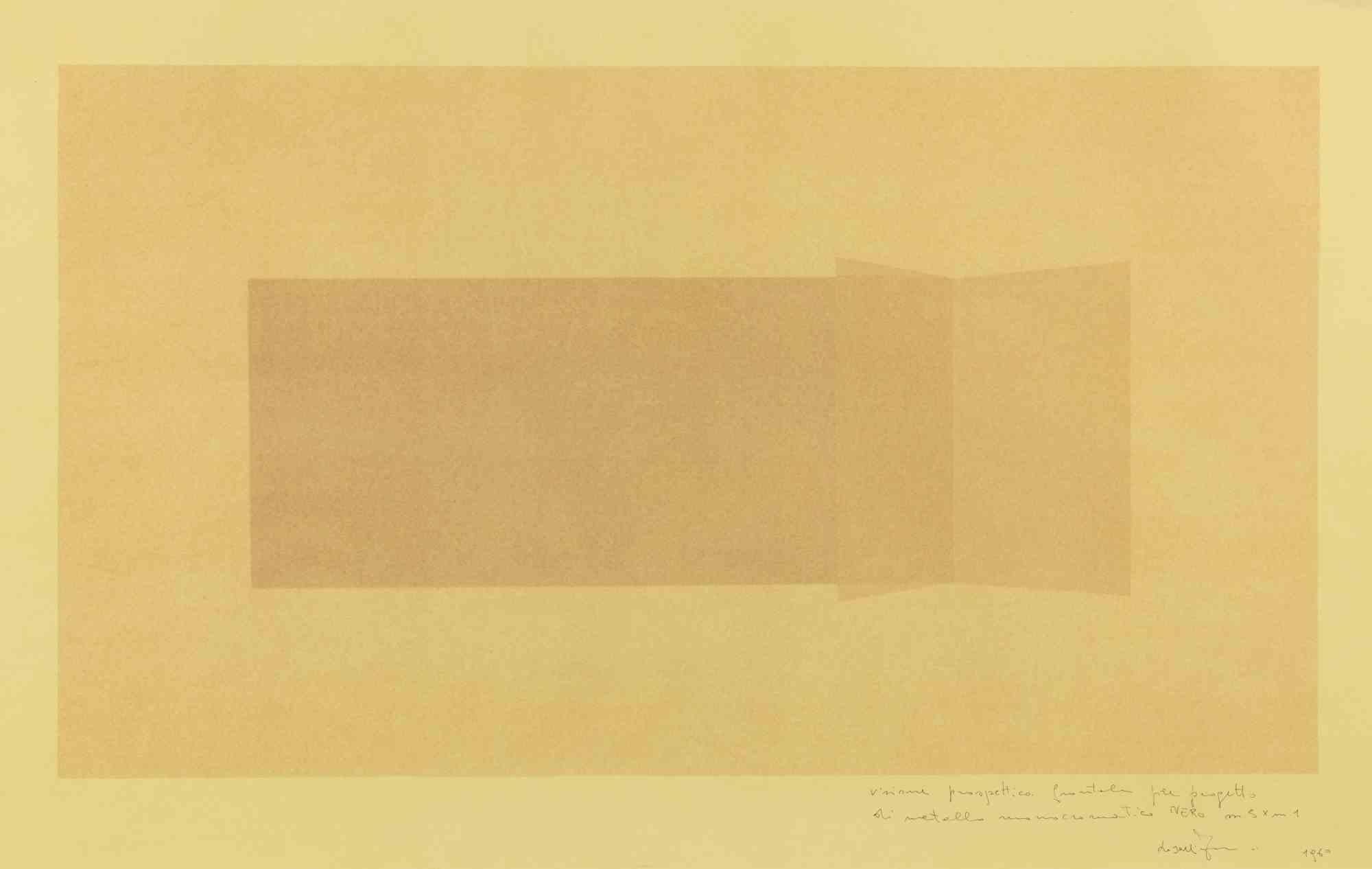 Vision d'une perspective avant-gardiste - Monotype original de F. Lo Savio - 1979 - Orange Abstract Print par Francesco Lo Savio