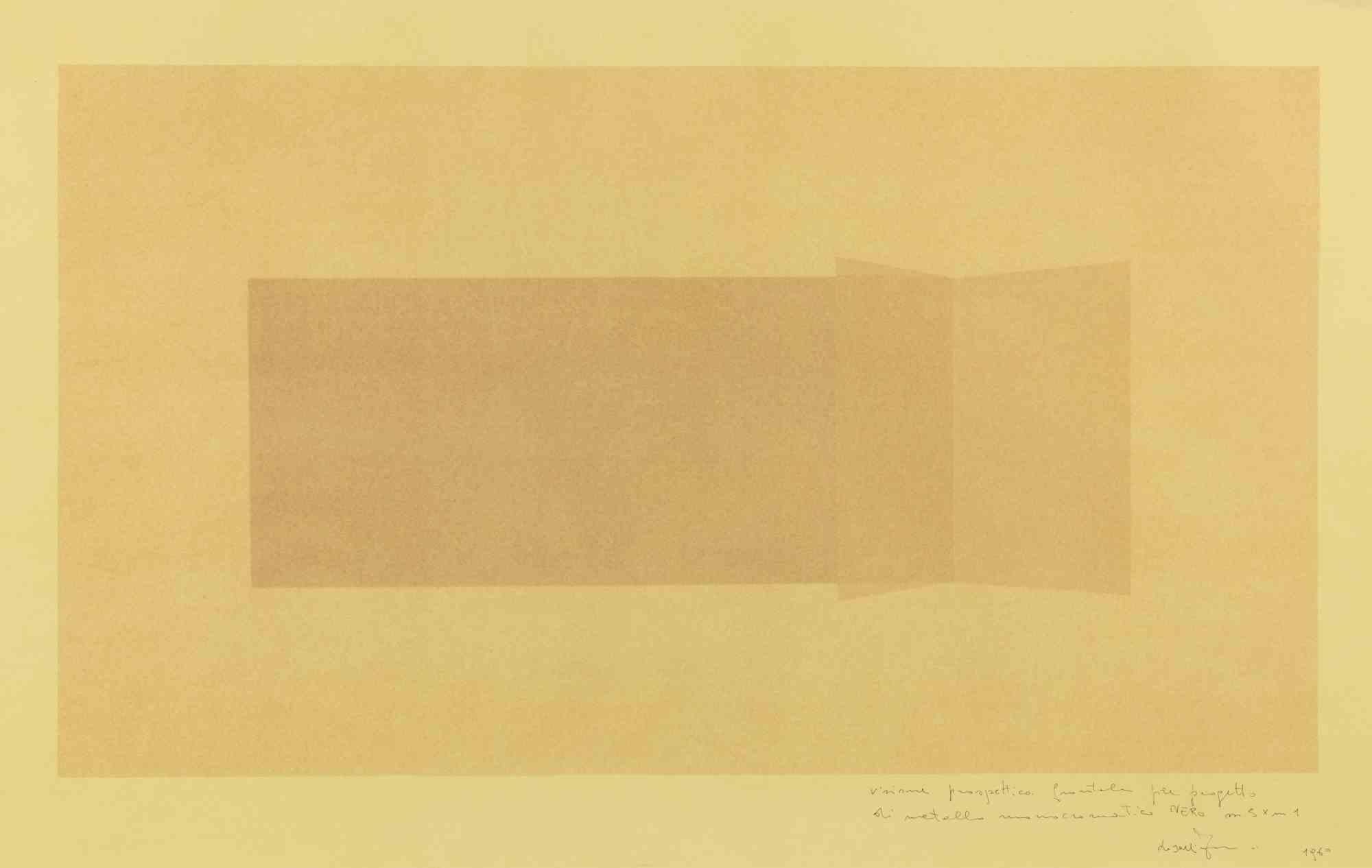 Visione prospettica frontale - Monotipo originale di F. Lo Savio - 1979 - Abstract Print Arancia di Francesco Lo Savio
