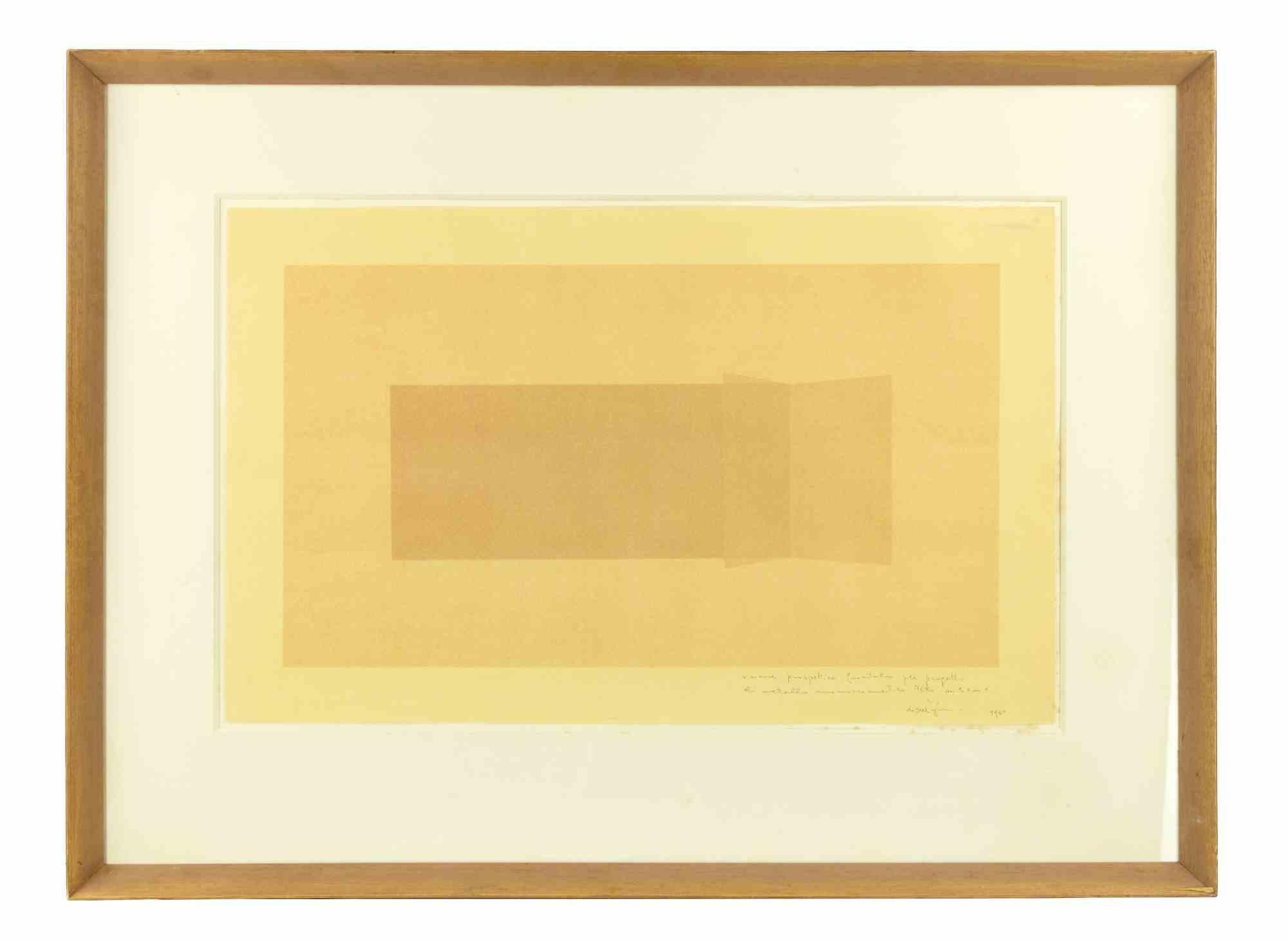 Francesco Lo Savio Abstract Print - Frontal Perspective Vision - Original Monotype by F. Lo Savio - 1979