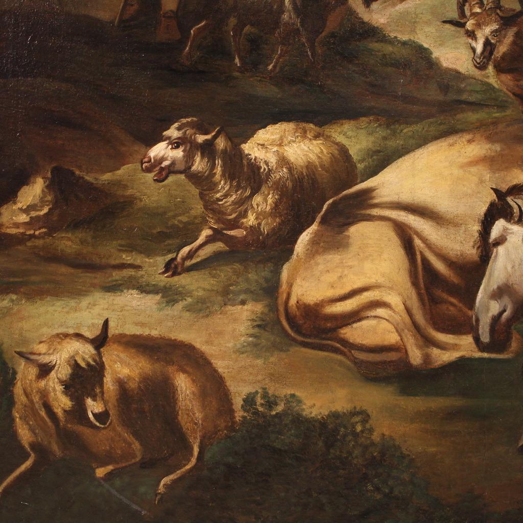 18th Century Oil on Canvas Italian Antique Painting Pastoral Genre Scene, 1750 For Sale 7