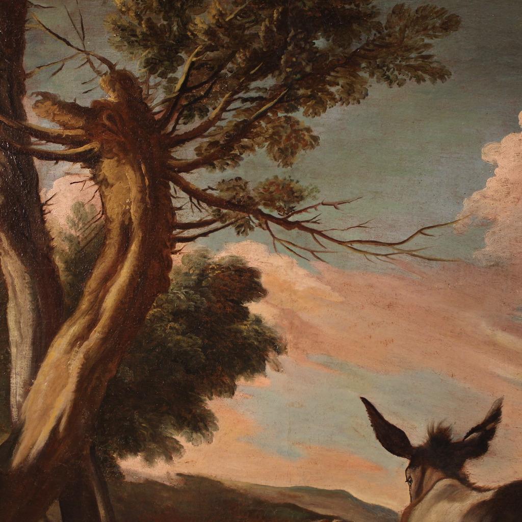 18th Century Oil on Canvas Italian Antique Painting Pastoral Genre Scene, 1750 For Sale 8
