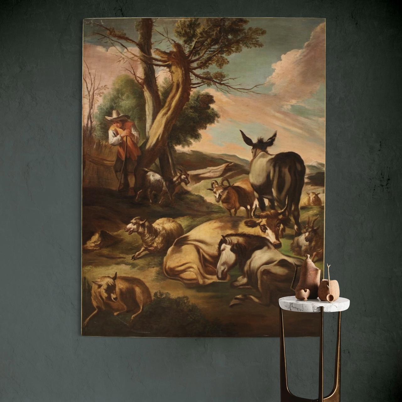 18th Century Oil on Canvas Italian Antique Painting Pastoral Genre Scene, 1750 For Sale 9