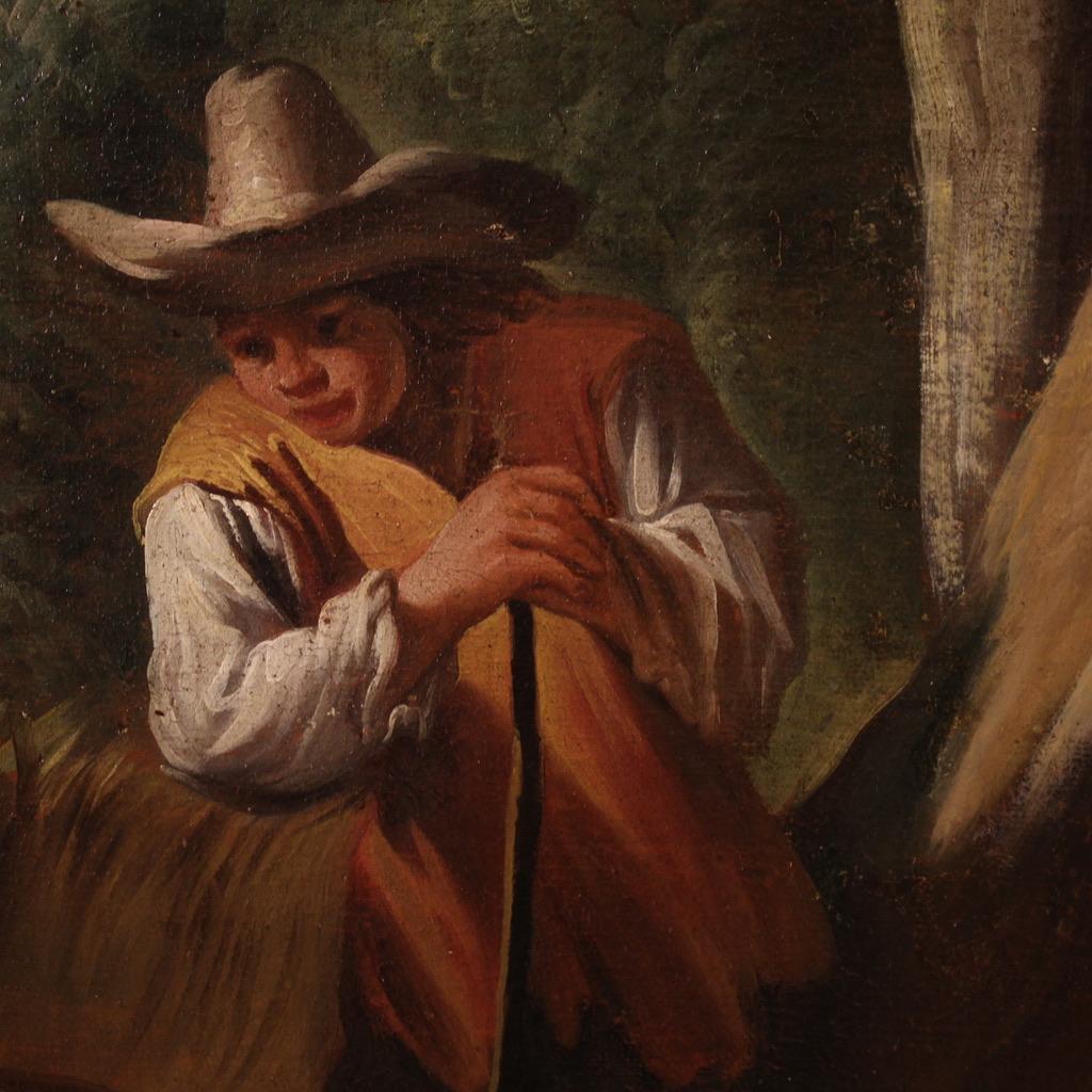 18th Century Oil on Canvas Italian Antique Painting Pastoral Genre Scene, 1750 For Sale 11