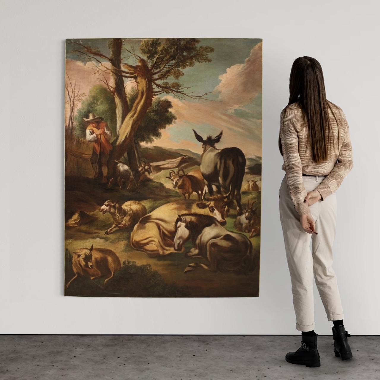 18th Century Oil on Canvas Italian Antique Painting Pastoral Genre Scene, 1750 - Black Figurative Painting by Francesco Londino