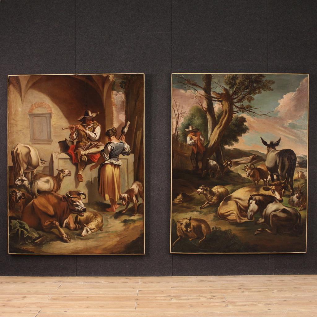 18th Century Oil on Canvas Italian Antique Painting Pastoral Genre Scene, 1750 For Sale 1