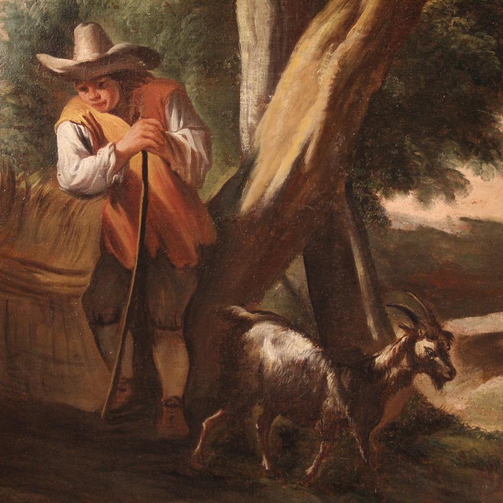 18th Century Oil on Canvas Italian Antique Painting Pastoral Genre Scene, 1750 For Sale 2