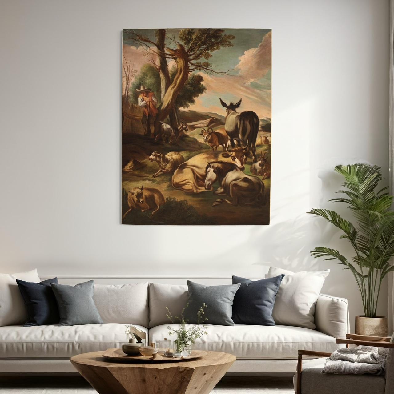 18th Century Oil on Canvas Italian Antique Painting Pastoral Genre Scene, 1750 For Sale 3