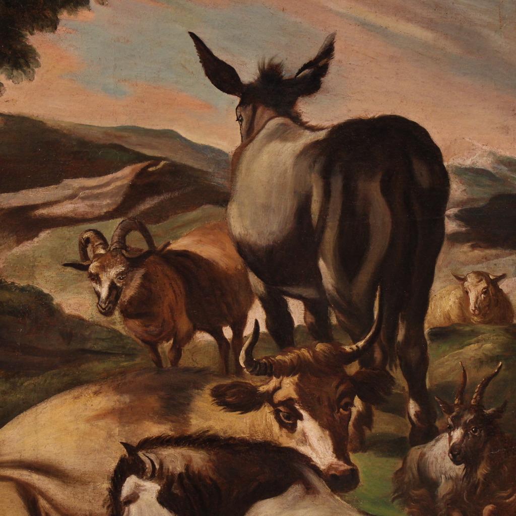 18th Century Oil on Canvas Italian Antique Painting Pastoral Genre Scene, 1750 For Sale 4