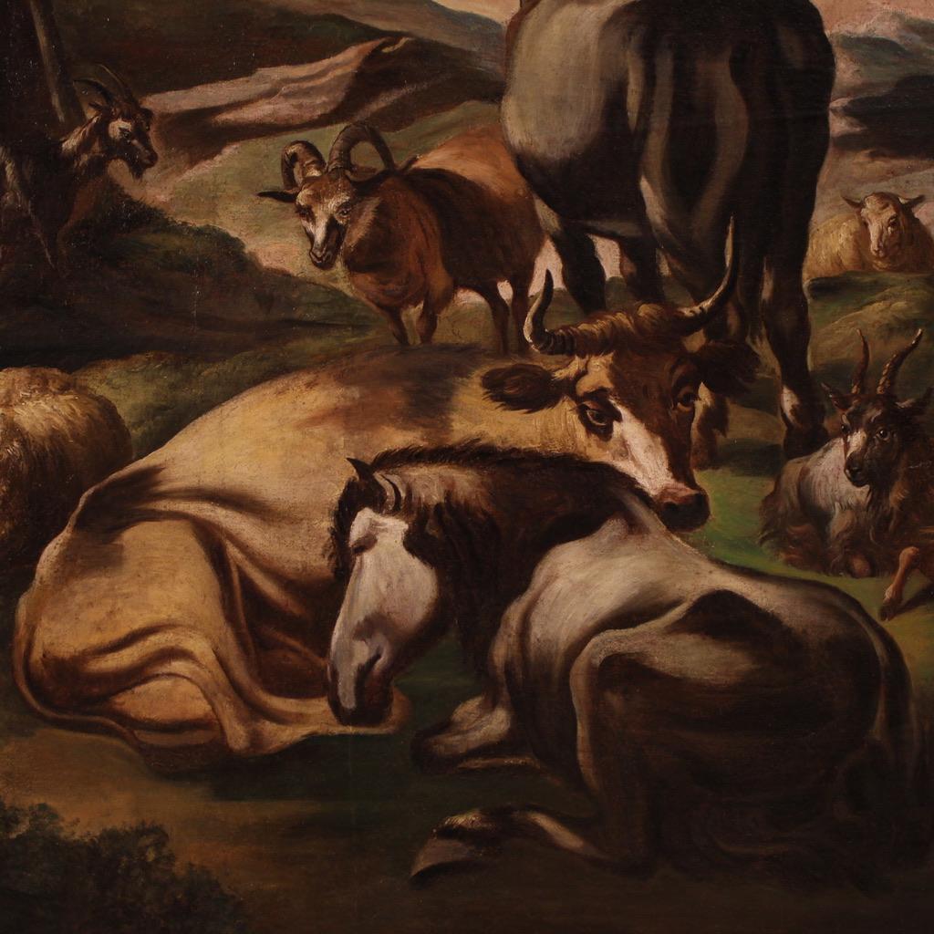 18th Century Oil on Canvas Italian Antique Painting Pastoral Genre Scene, 1750 For Sale 5