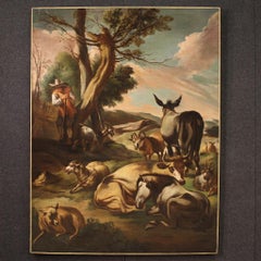 18th Century Oil on Canvas Italian Antique Painting Pastoral Genre Scene, 1750