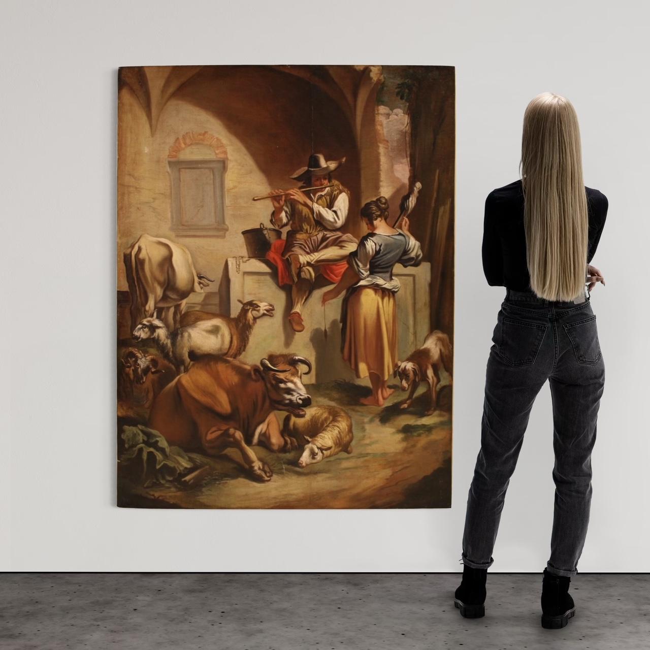 18. Jahrhundert Öl auf Leinwand Italienisch antike pastorale Szene Gemälde, 1750 (Brown), Figurative Painting, von Francesco Londino