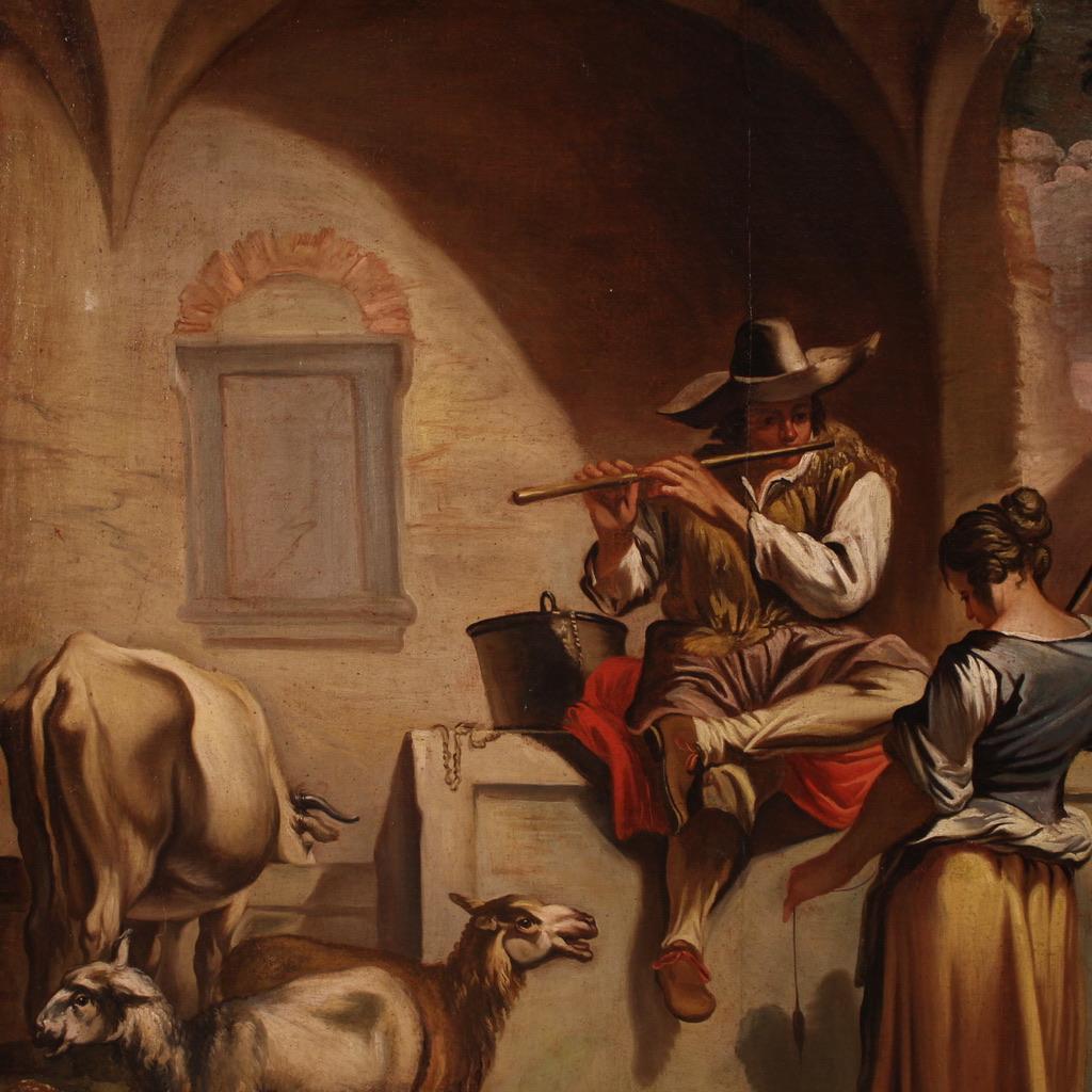Großes italienisches Gemälde aus der Mitte des 18. Jahrhunderts. Ölgemälde auf Leinwand, das eine herrliche pastorale Szene darstellt und dem Mailänder Maler Francesco Londino zugeschrieben wird (das Kunstwerk wird derzeit nicht von einem Gutachten