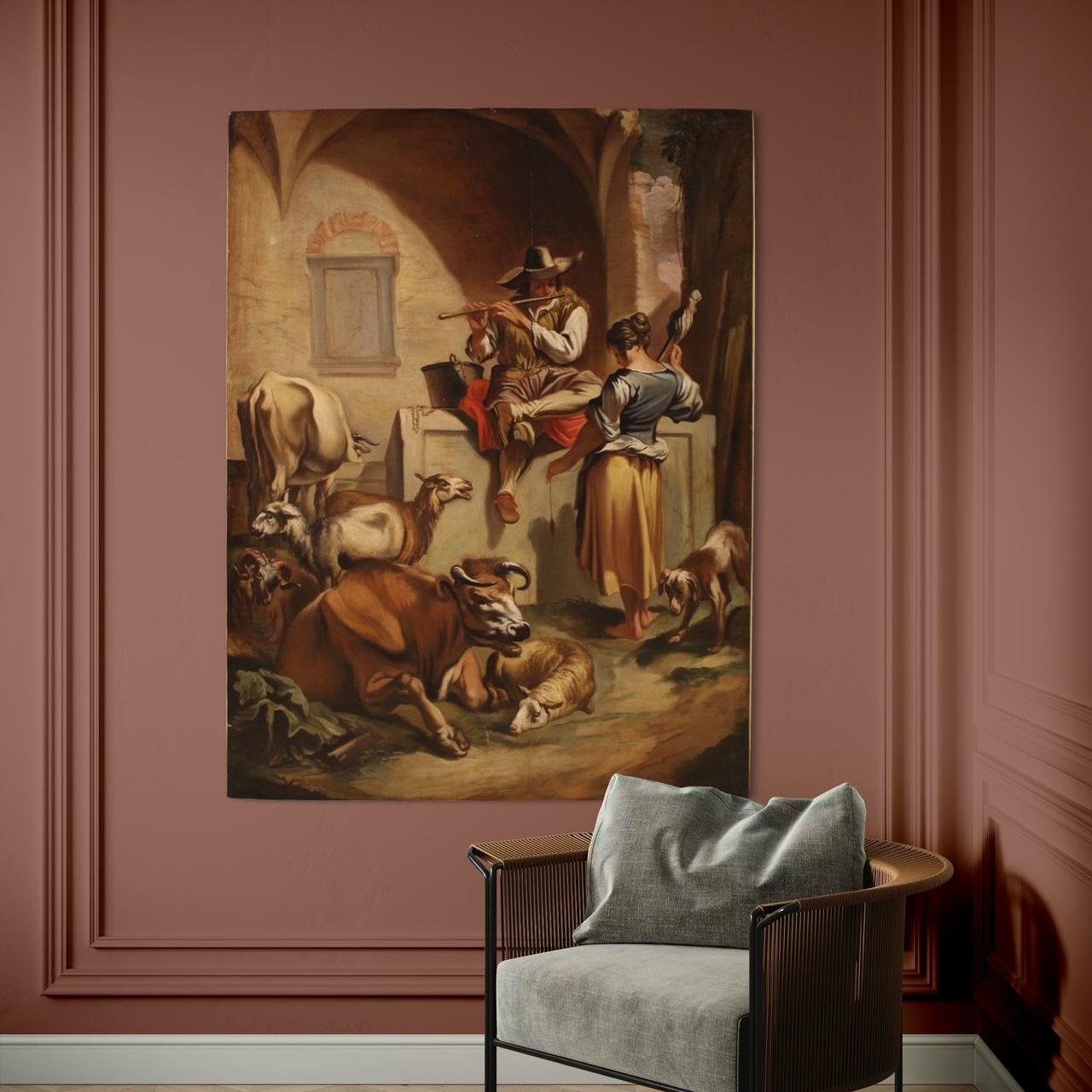 18. Jahrhundert Öl auf Leinwand Italienisch antike pastorale Szene Gemälde, 1750 im Angebot 2