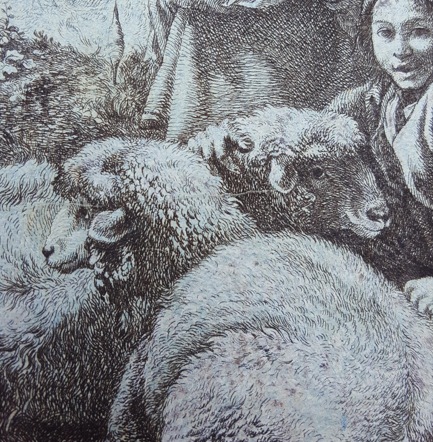 Woman Spinner and a Shepherd with Flock /// Sheep Lady Antique Landscape Animal  For Sale 3