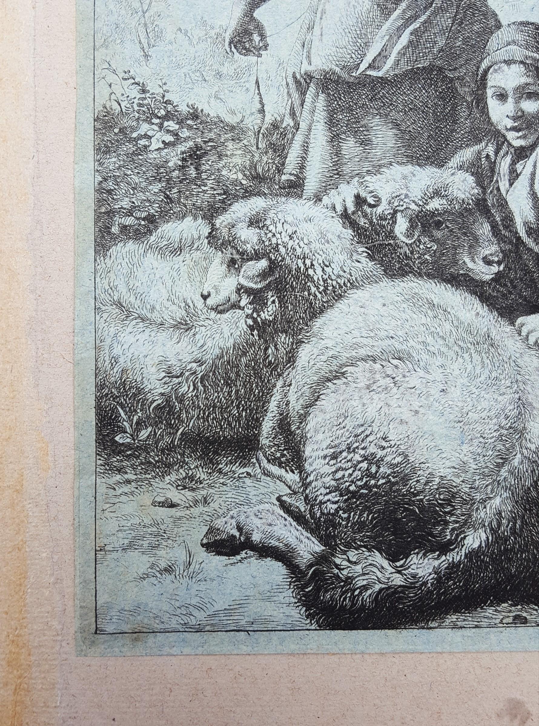 Femme filant et berger avec troupeau /// Mouton Dame Antique Paysage Animal  - Print de Francesco Londonio