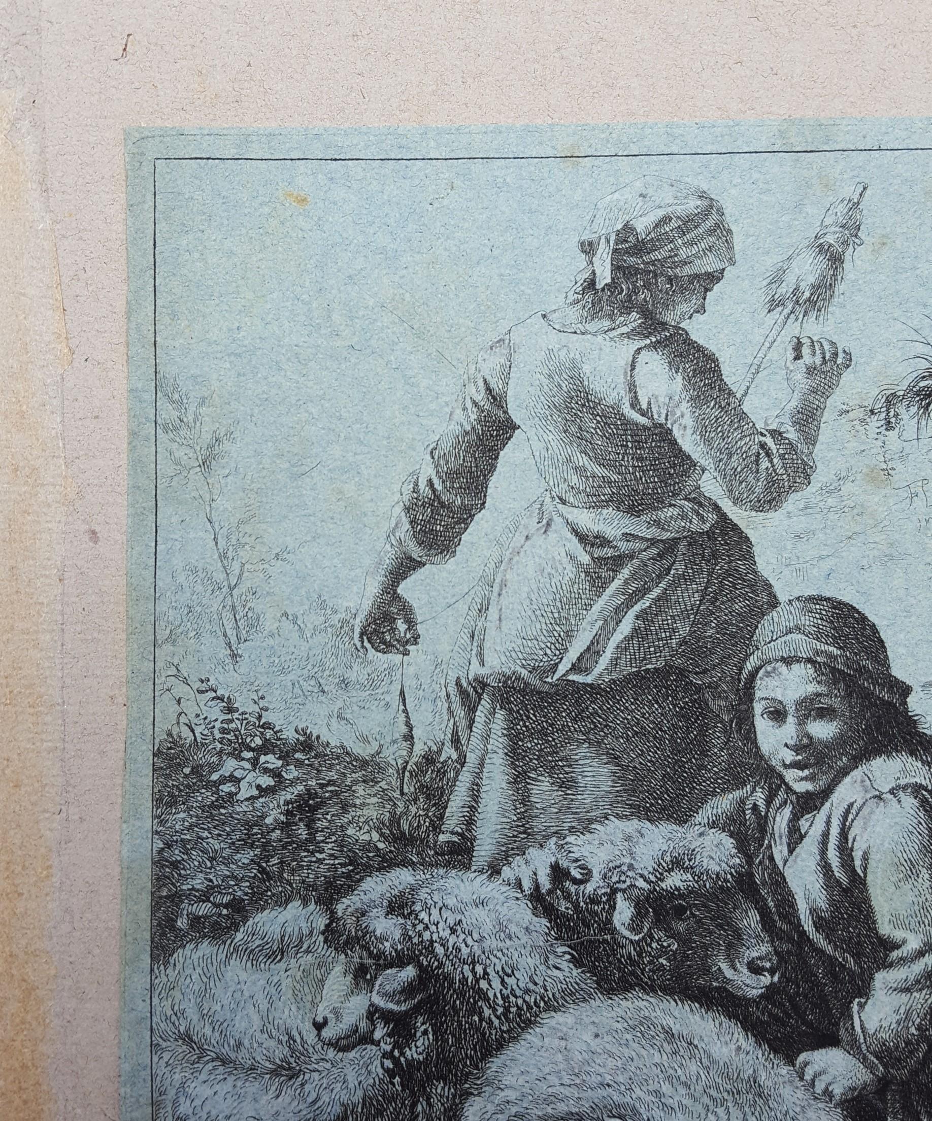 Femme filant et berger avec troupeau /// Mouton Dame Antique Paysage Animal  - Maîtres anciens Print par Francesco Londonio