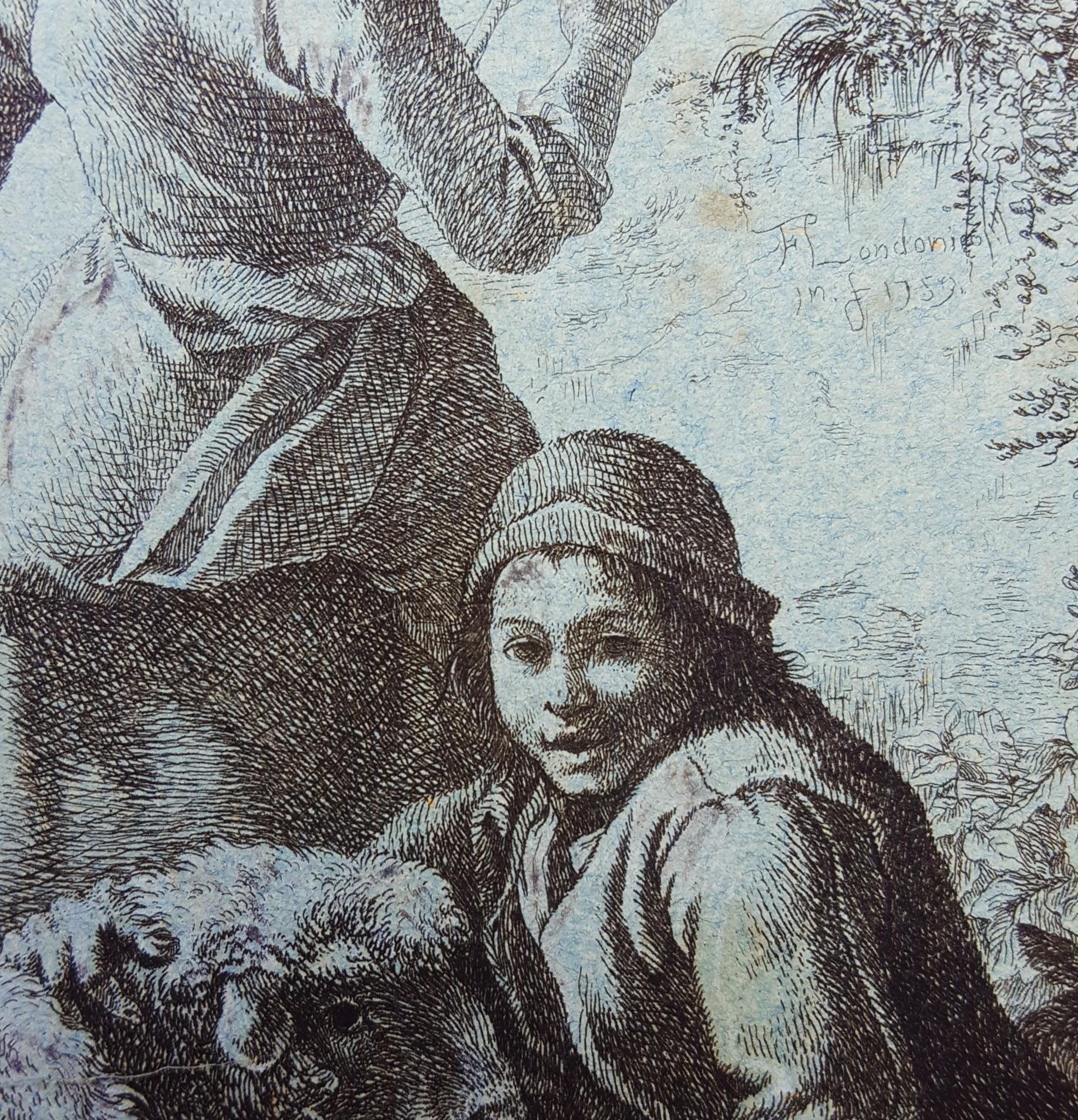 Woman Spinner and a Shepherd with Flock /// Sheep Lady Antique Landscape Animal  - Old Masters Print by Francesco Londonio