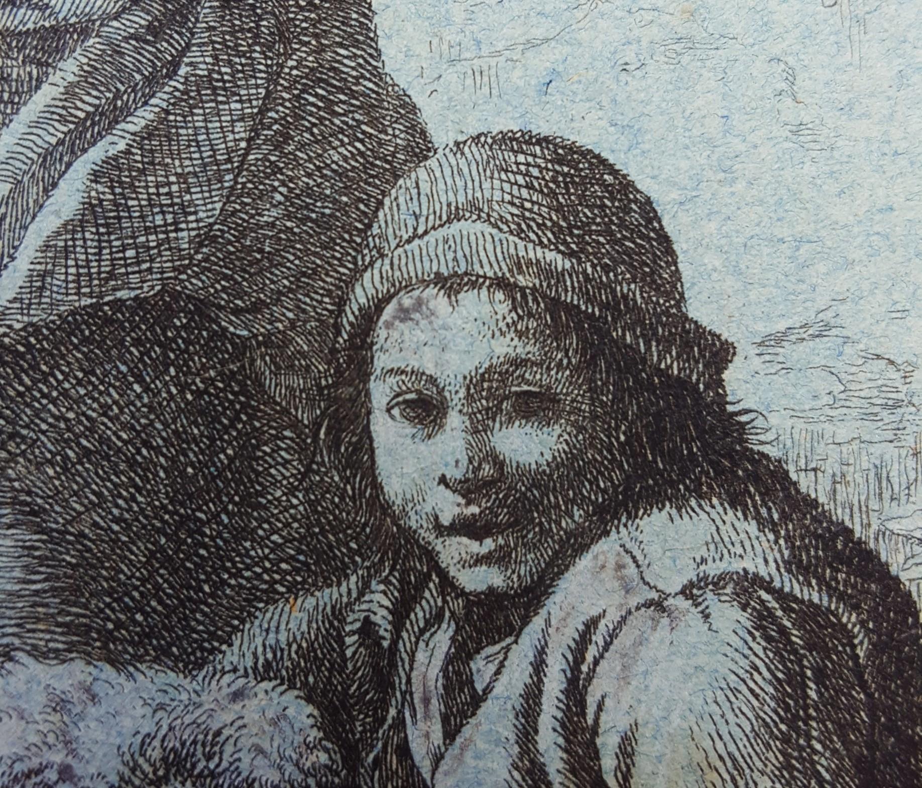 Woman Spinner and a Shepherd with Flock /// Sheep Lady Antique Landscape Animal - Blue Animal Print by Francesco Londonio