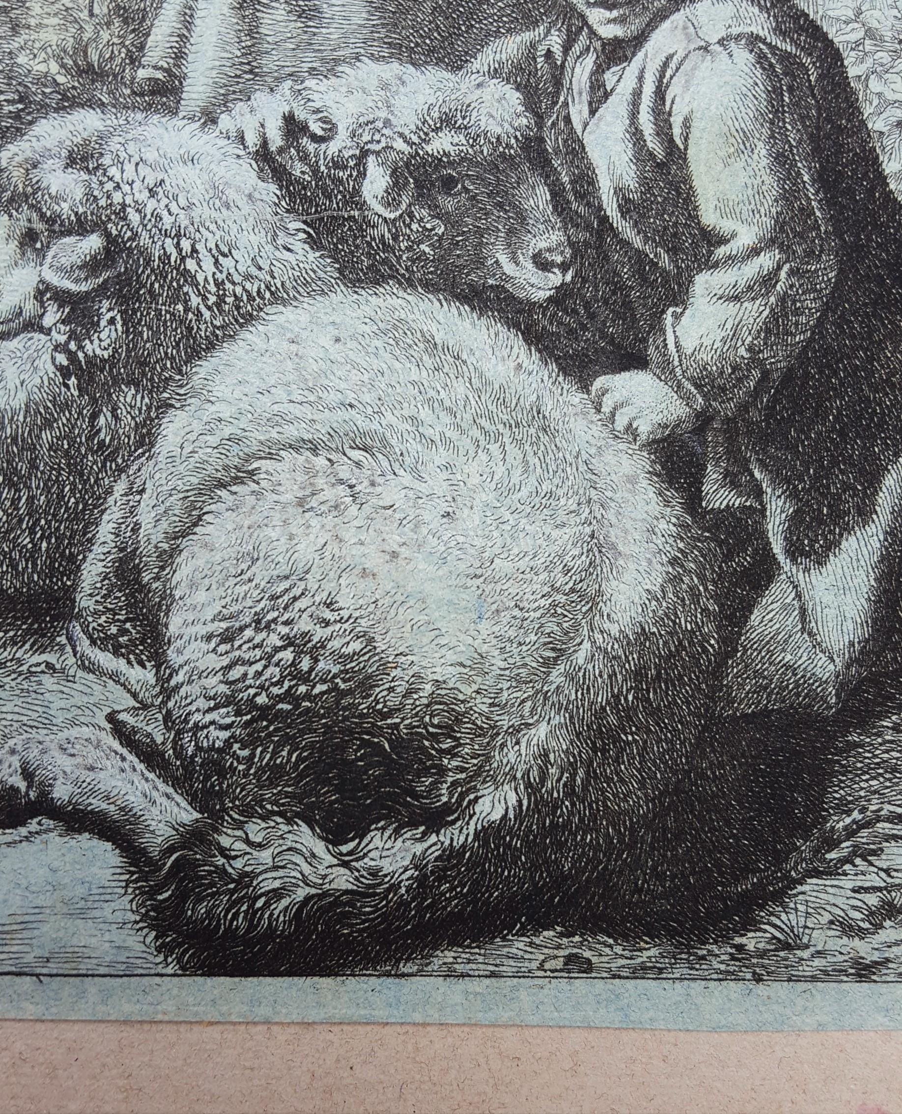 Femme filant et berger avec troupeau /// Mouton Dame Antique Paysage Animal  en vente 4