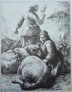 Woman Spinner and a Shepherd with Flock /// Sheep Lady Antique Landscape Animal 
