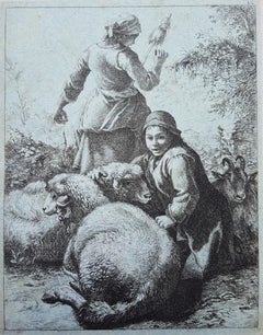 Woman Spinner and a Shepherd with Flock /// Sheep Lady Antique Landscape Animal