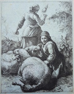 Woman Spinner and a Shepherd with Flock /// Sheep Lady Used Landscape Animal 