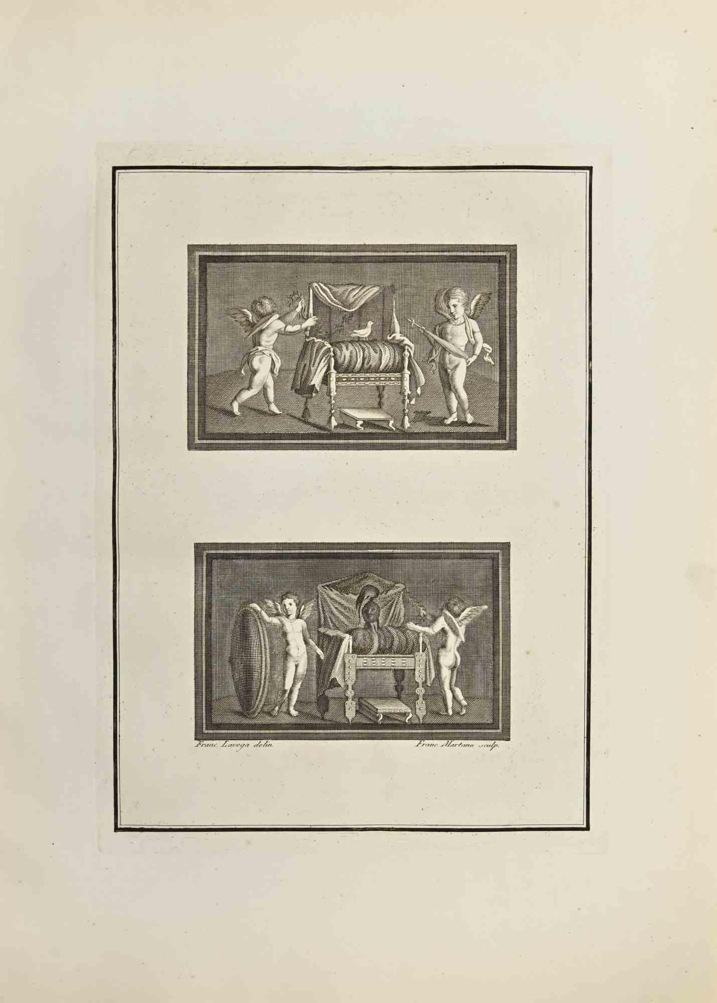 Fresco- Amor mit Tieren – Radierung von Francesco Martano – 18. Jahrhundert
