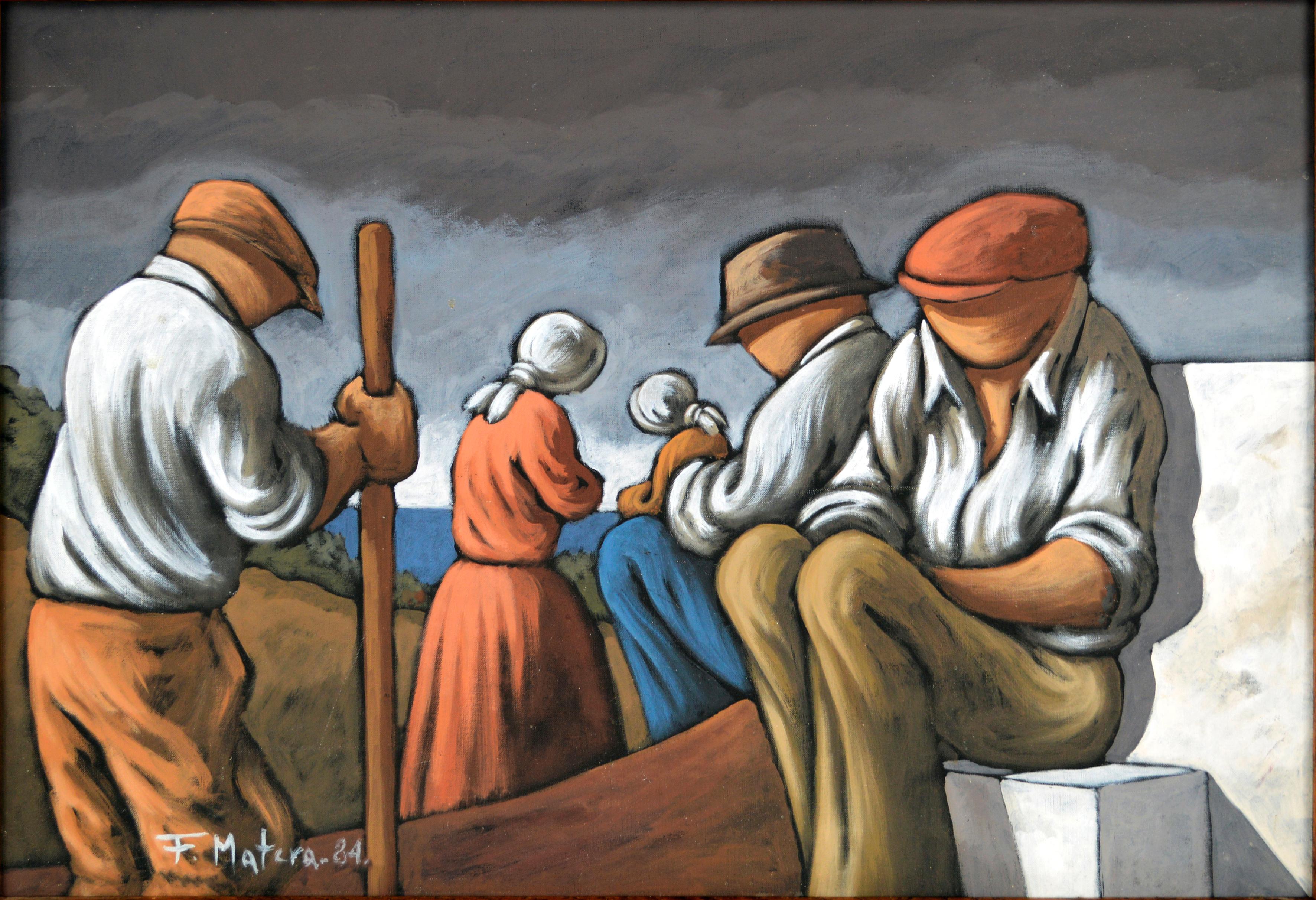 Olive Harvest in Southern Italy on Cold Coastal Morning Italian Riviera - Painting by Francesco Matera