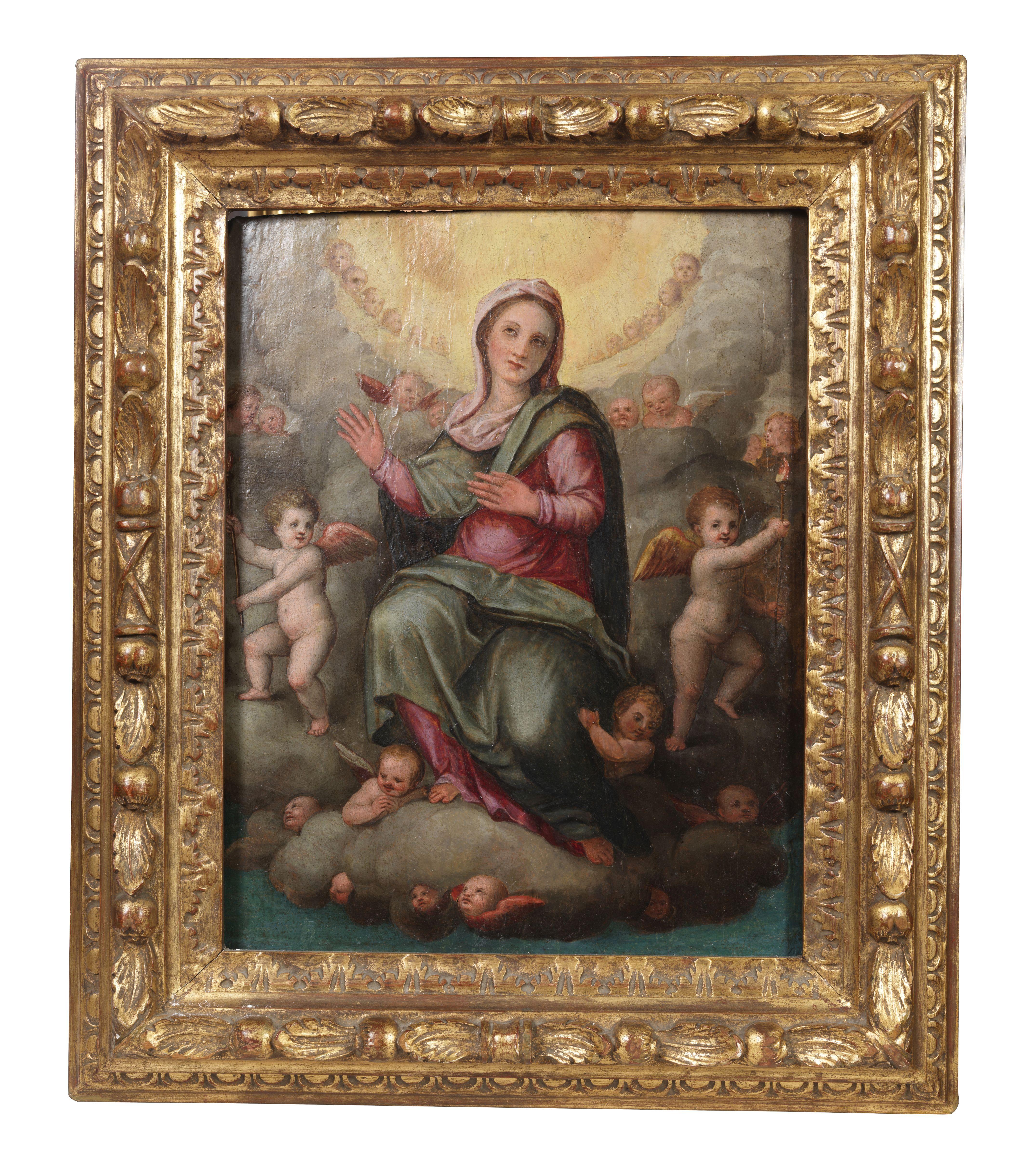 16th Century Assumption of Mary Francesco Mati Madonna  Oil on Panel Yellow Red in vendita 1