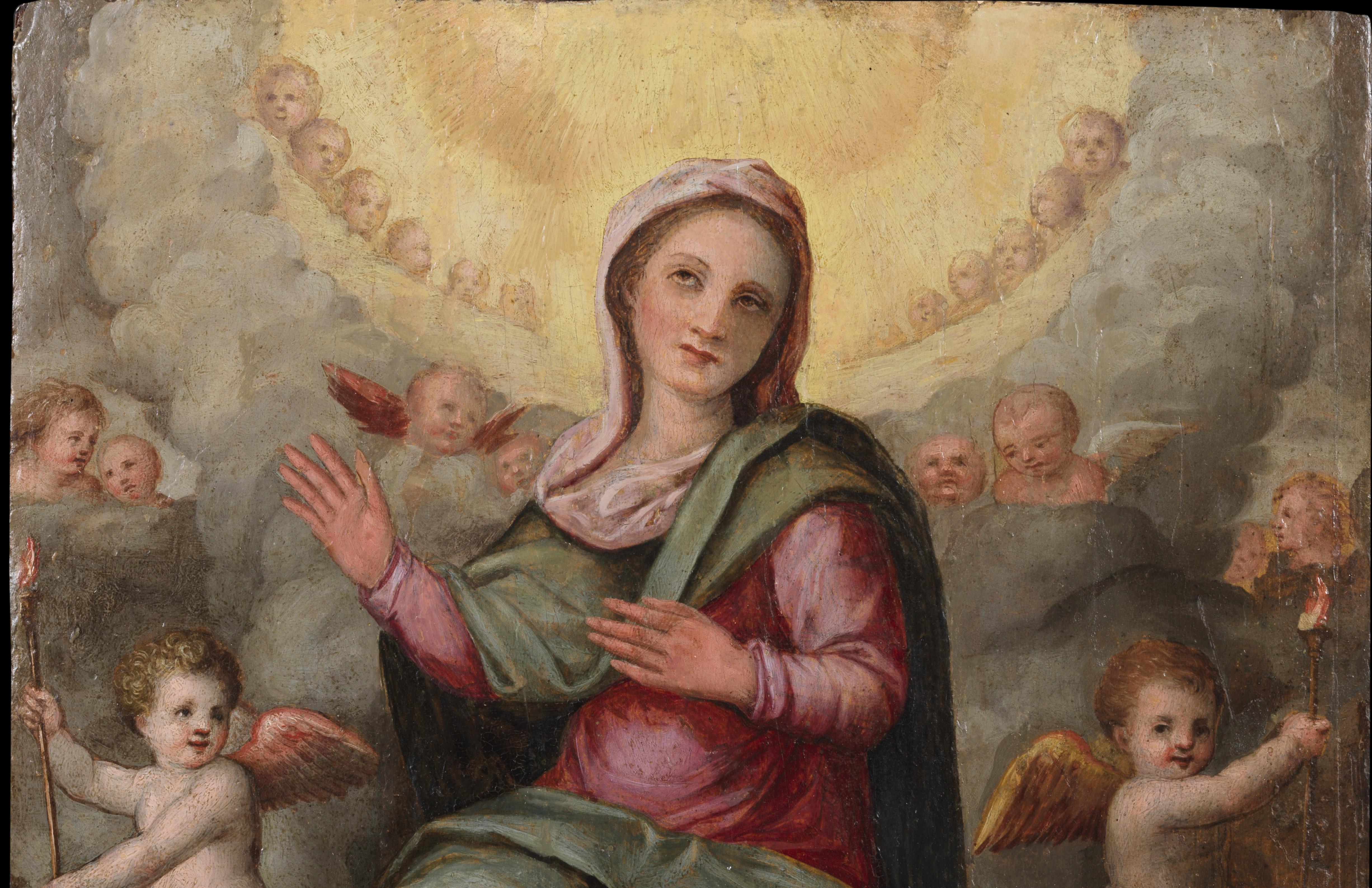 16th Century Assumption of Mary Francesco Mati Madonna  Oil on Panel Yellow Red in vendita 3