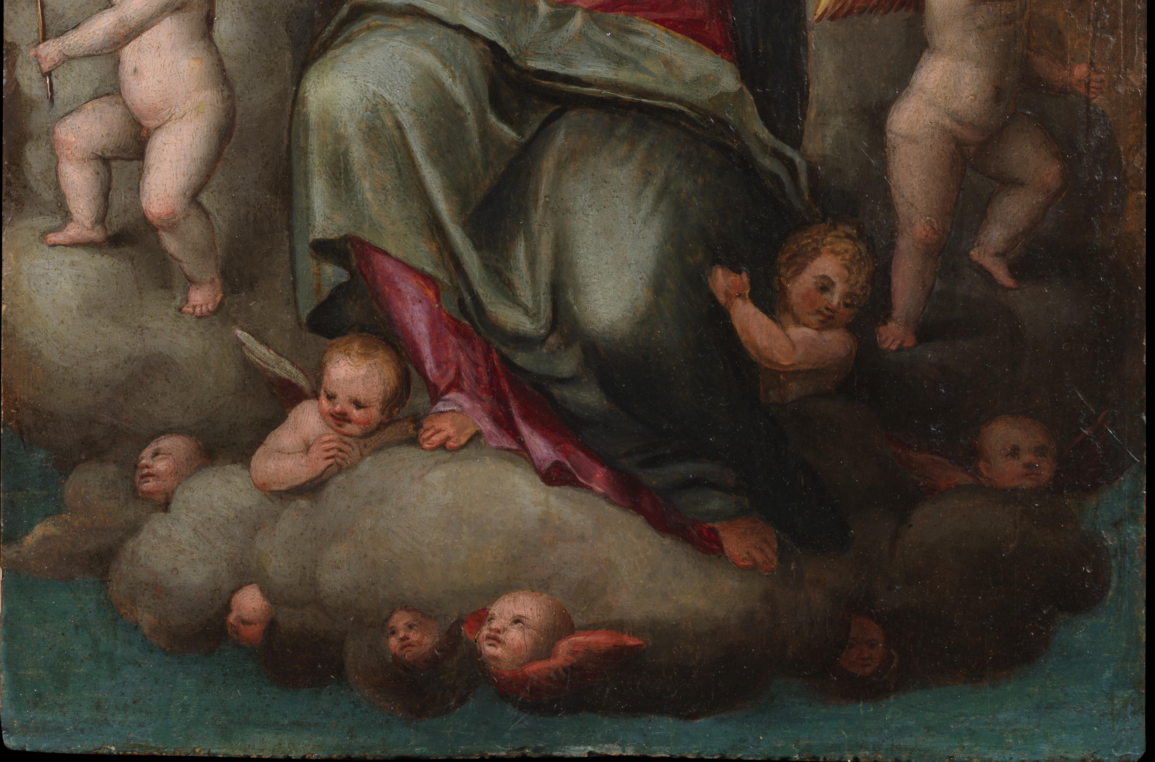 16th Century Assumption of Mary Francesco Mati Madonna  Oil on Panel Yellow Red in vendita 6
