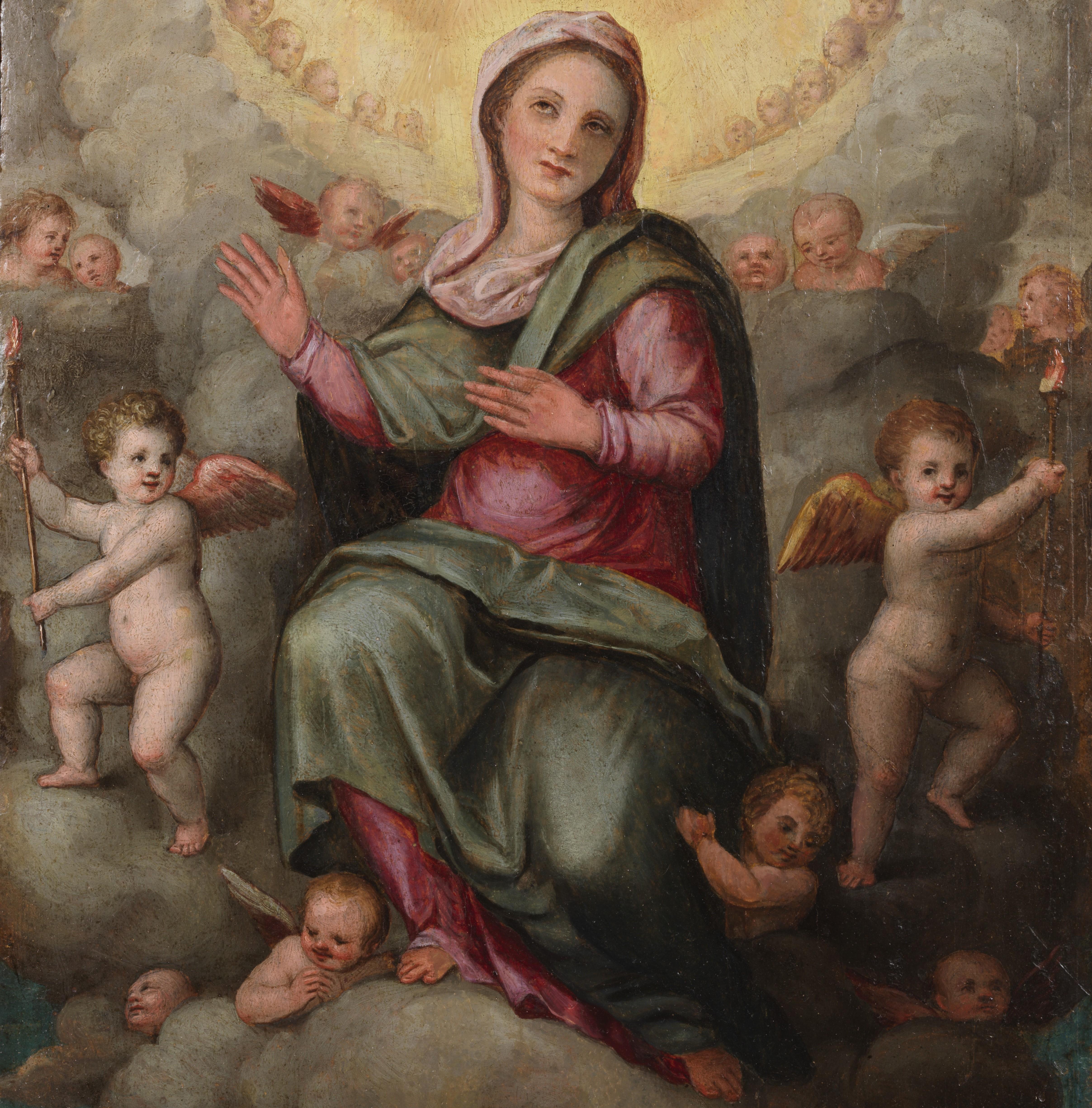 16th Century Assumption of Mary Francesco Mati Madonna  Oil on Panel Yellow Red in vendita 7