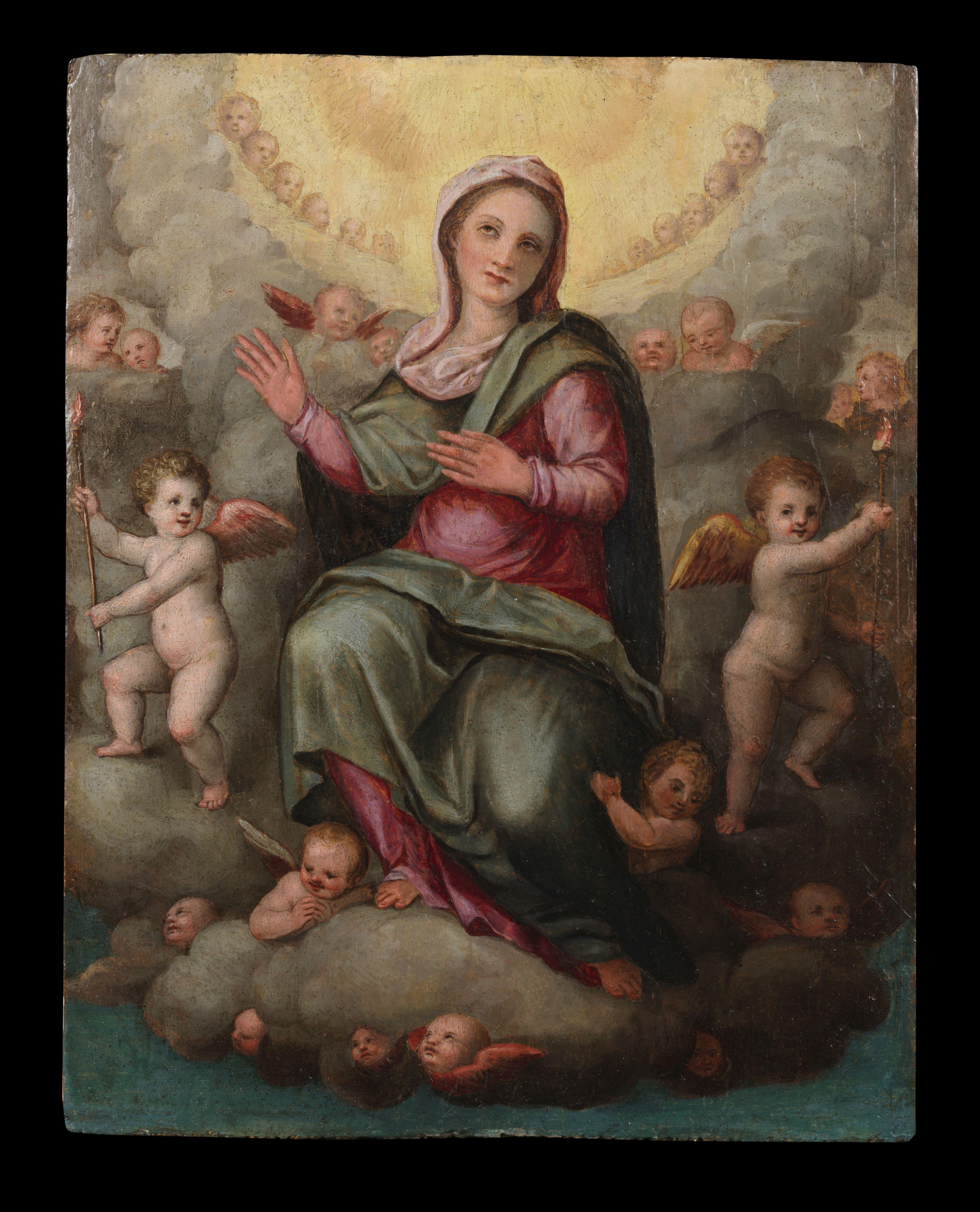 Painting,Oil on panel, measuring 50 x 37 cm without frame and 67 x 57 cm with antique frame depicting the Assumption of the Virgin by the painter Francesco Mati ( Florence 1561 - 1623 ) also known as Cecchino del Legnaiuolo.

Francesco Mati, also