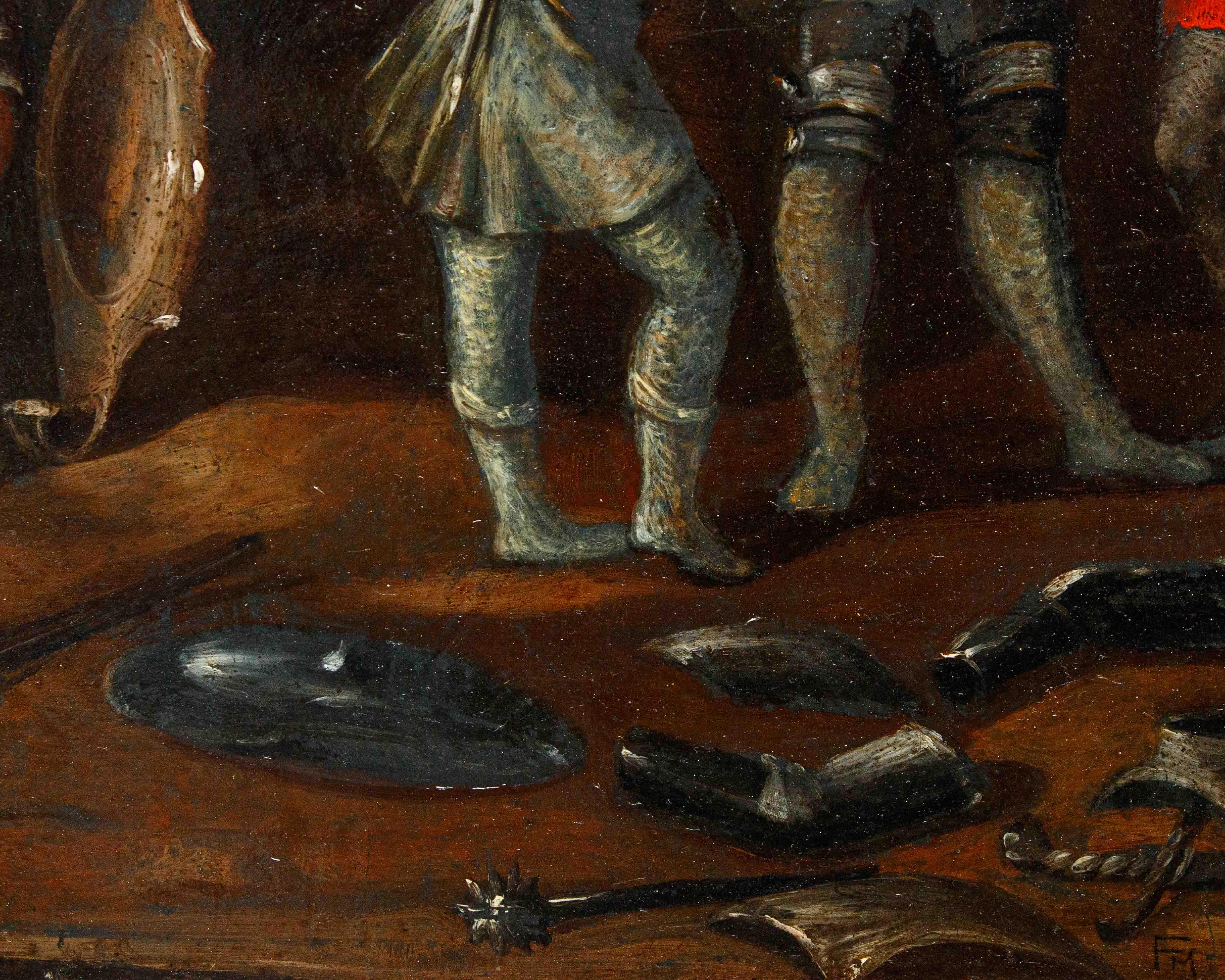 Francesco Montelatici conocido como Cecco Bravo (Florencia, 15 de noviembre de 1601 - Innsbruck, diciembre de 1661), attr.

Vestir a un caballero antes de la batalla

Óleo sobre pizarra, 48 x 47 cm

Enmarcado, 60 x 58 cm

Firmado abajo a la derecha