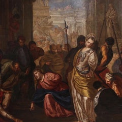 17th Century Oil on Canvas Italian Religious Painting Christ and the Adulteress