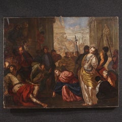 17th Century Oil on Canvas Italian Religious Painting Christ and the Adulteress