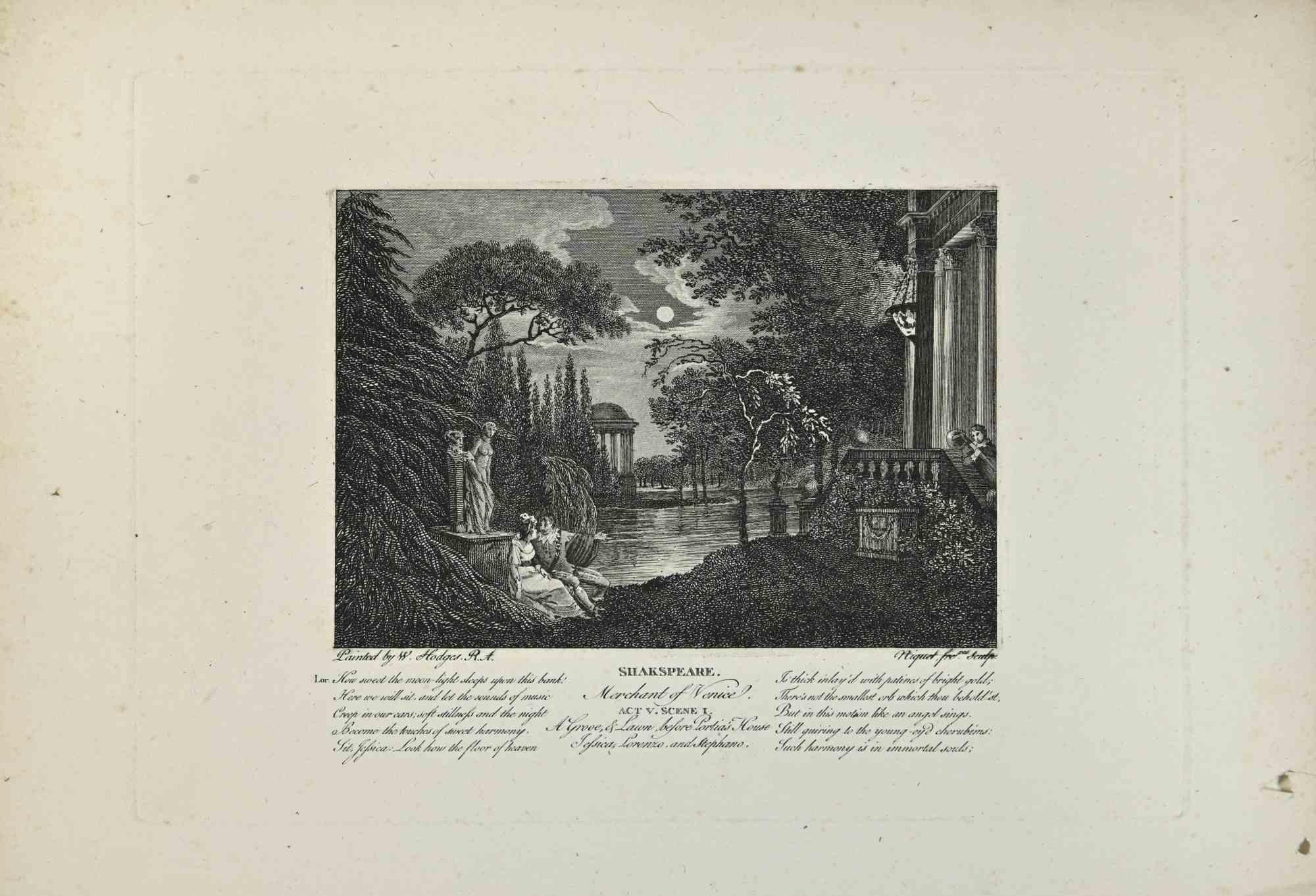 Merchant of Venice,  Shakespeare is a print on paper realized by Francesco Niquet in the mid-19th Century.

Etching on paper

Signed on the lower right.

With Shakespeare's ACT V scene is written on the lower.

Good conditions with slight foxing.

