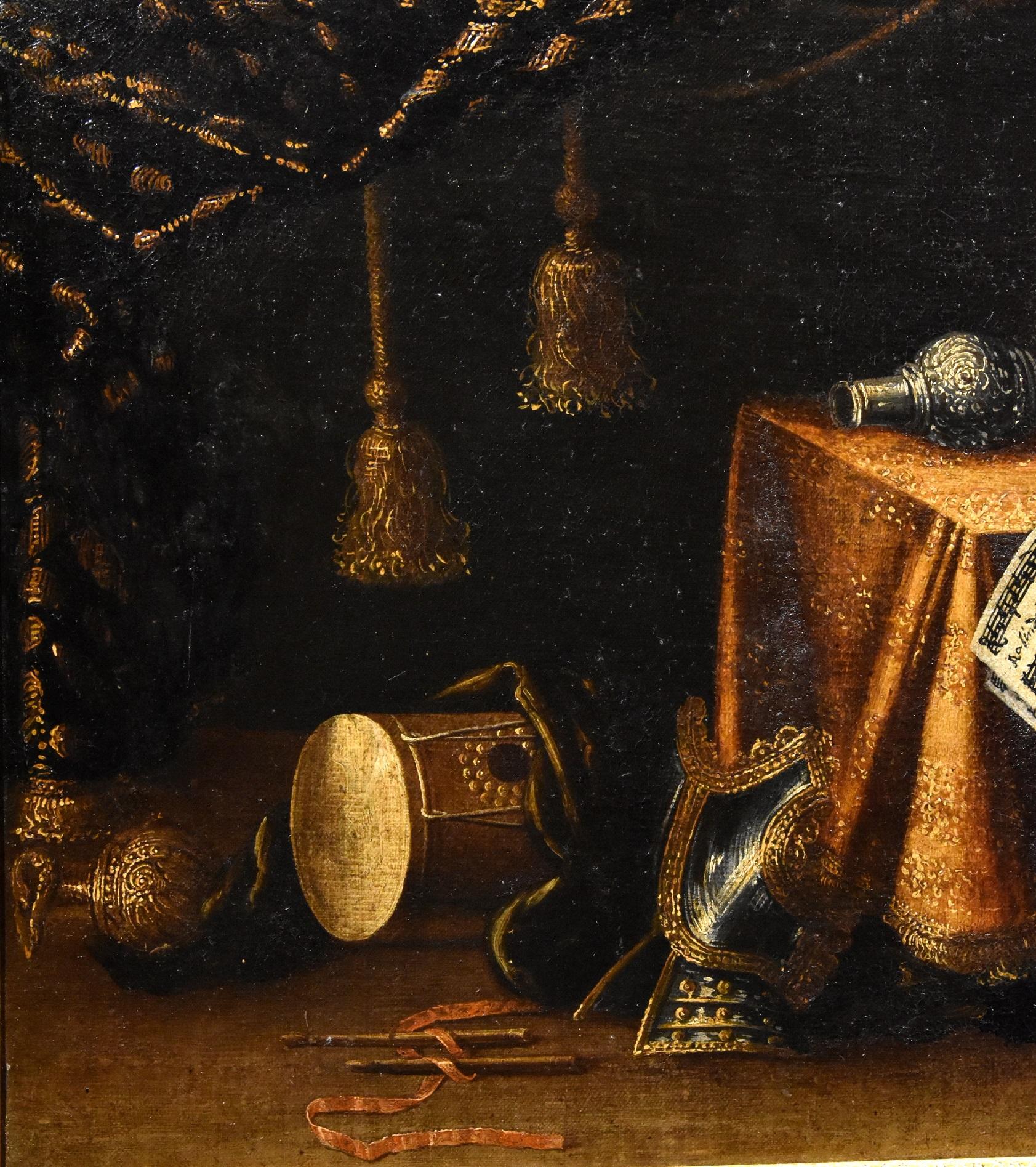 Francesco Noletti, genannt der Malteser (Malta 1611-Rom 1654) Werkstatt/Zirkel der
Stilleben mit Musikinstrumenten, Spielzeug, Rüstungen, Textilien und kostbaren Gegenständen

Öl auf Leinwand (52 x 78 cm. - im Rahmen 71 x 102)

Dieses Gemälde von