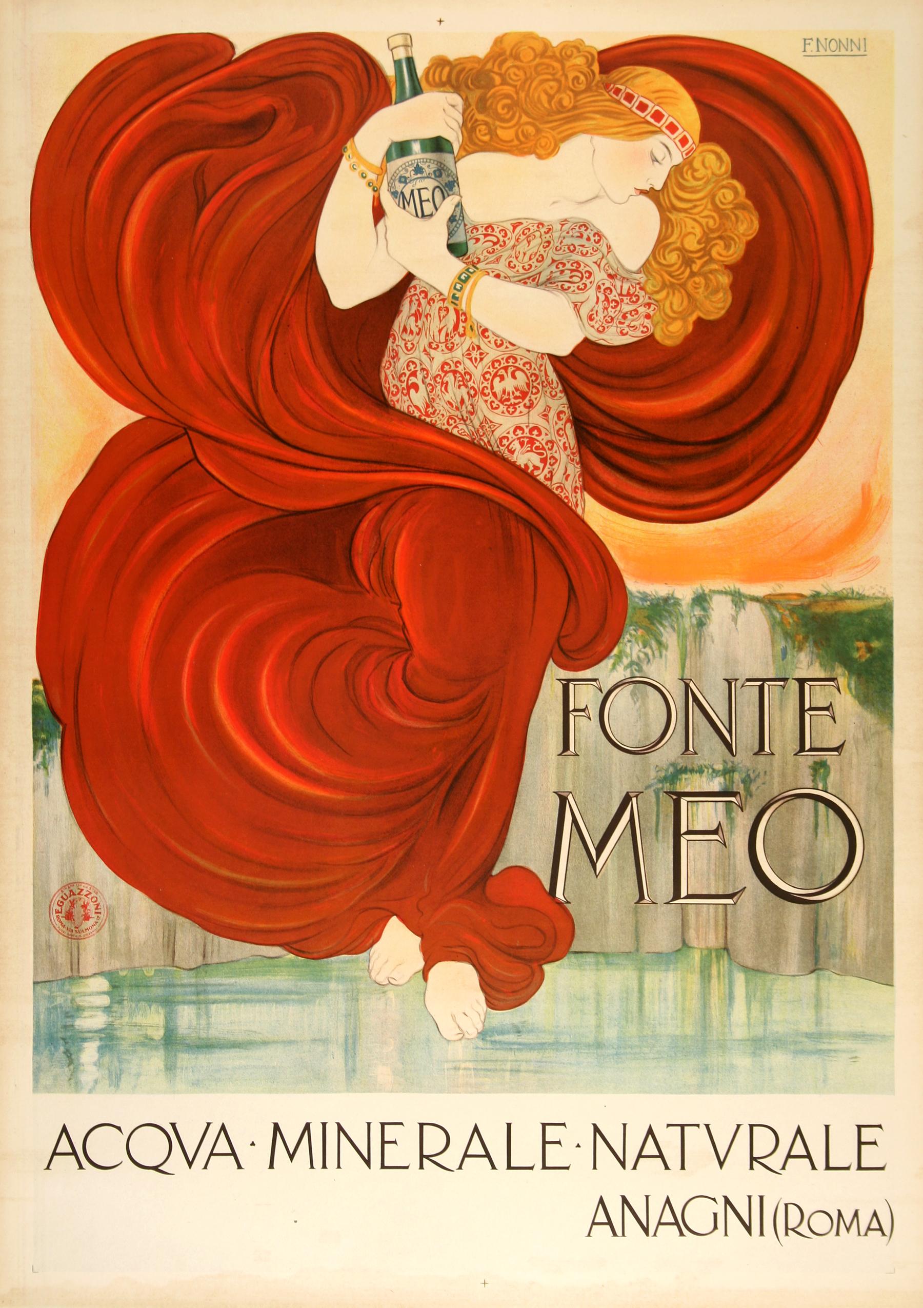 The Italian influence of style is clearly evident in this fine poster created circa 1910 by the artist, Nonni. He uses the influence of the Arts Nouveau of France but puts his unique style twist on it. The product is a mineral water but one