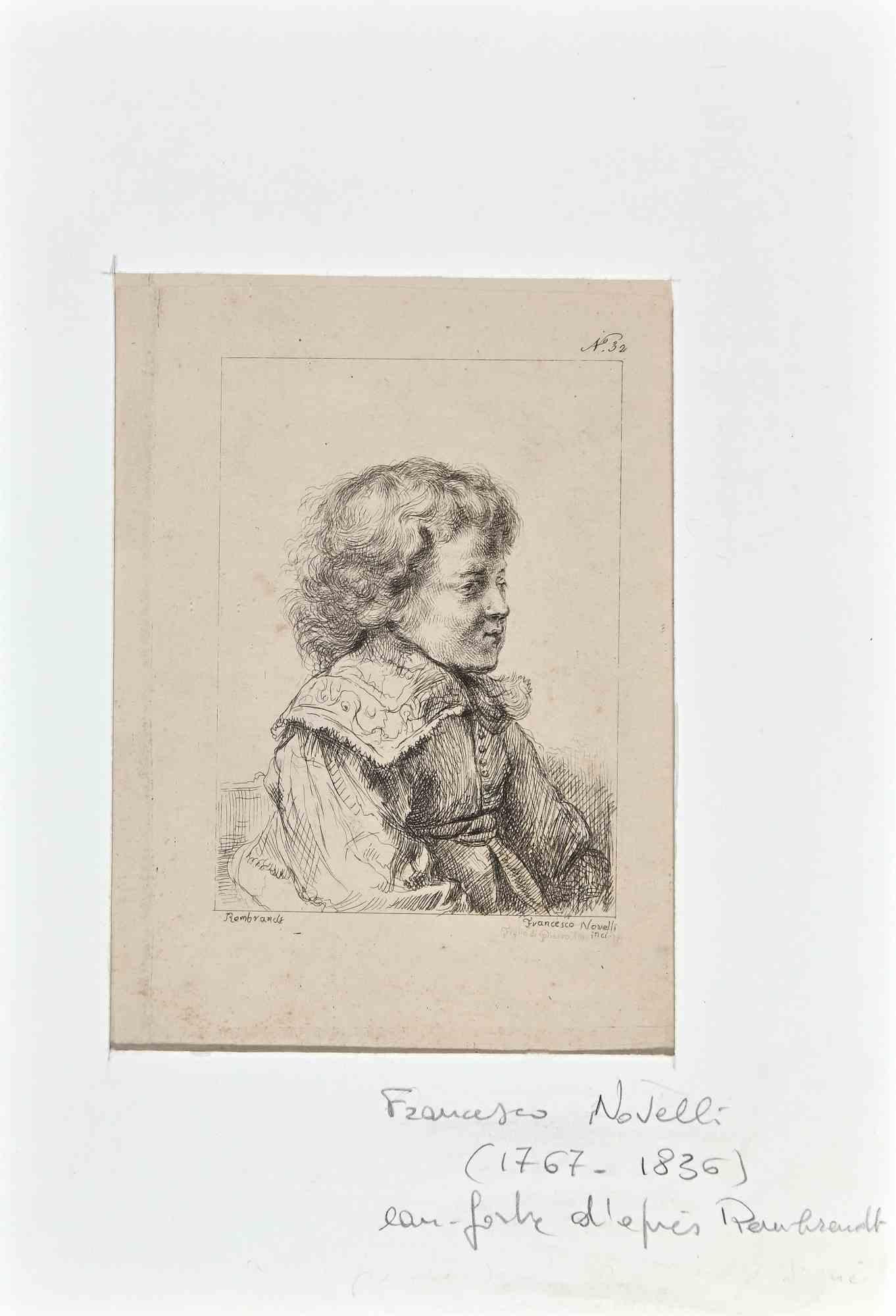 Portrait After Rembrandt  - Original Etching by Francesco Novelli - 19th For Sale 1