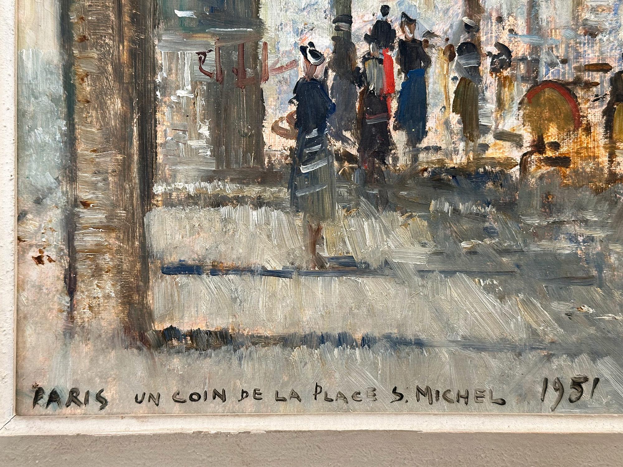 « Paris, Un Coin De La Place St. Michel » Peinture à l'huile impressionniste sur toile en vente 6